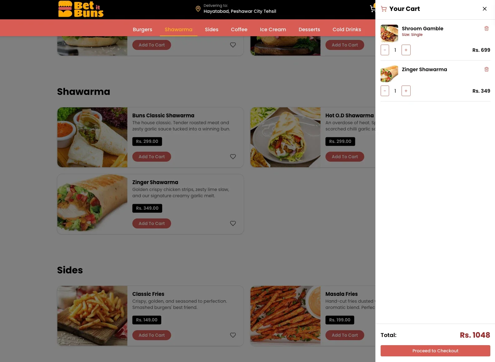 Bet It Buns menu with the cart drawer open