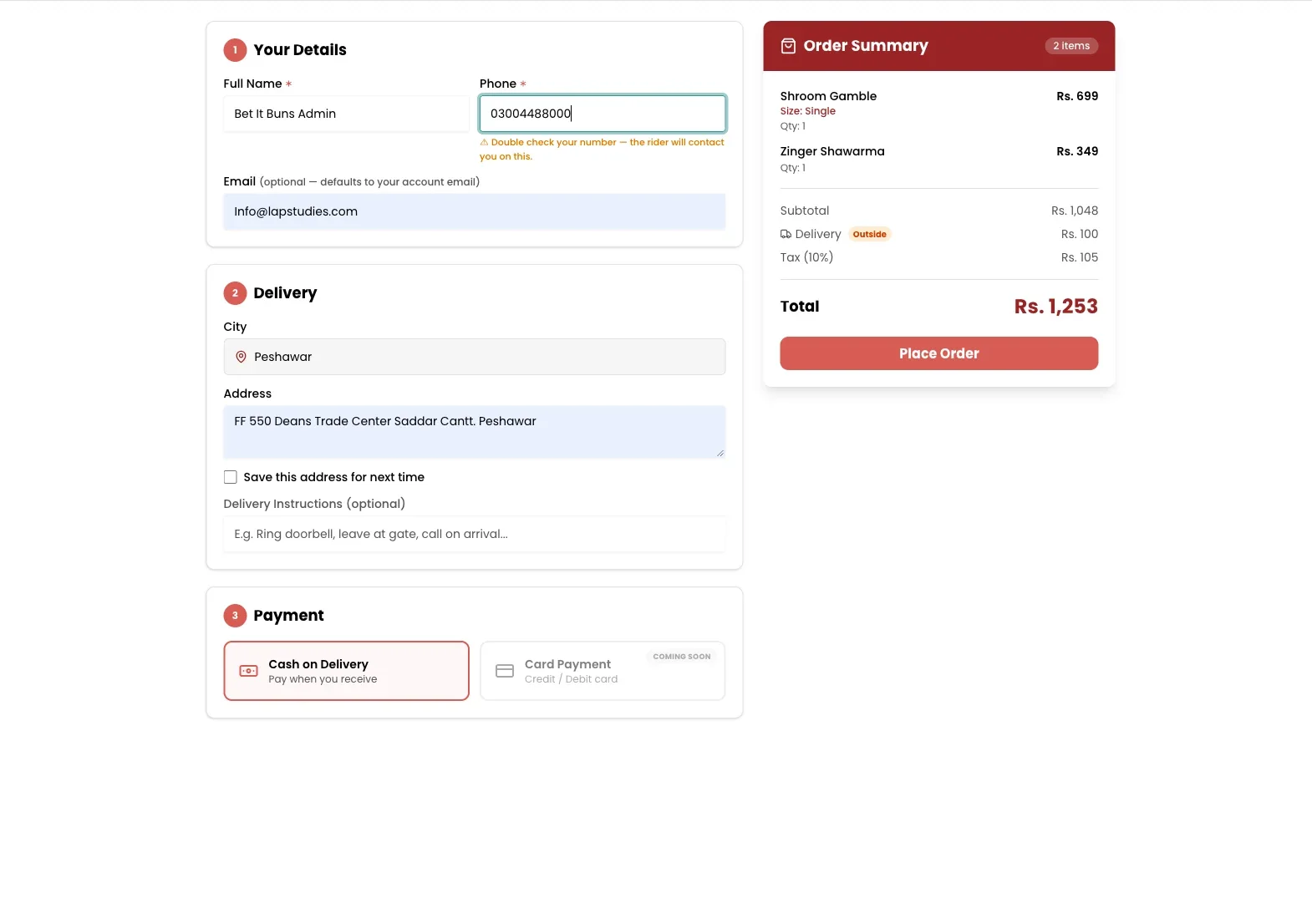 Bet It Buns checkout with delivery details, cash on delivery and order summary
