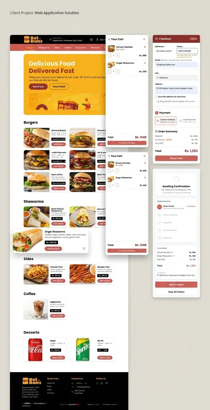 Bet It Buns ordering journey: menu, cart, checkout and order confirmation