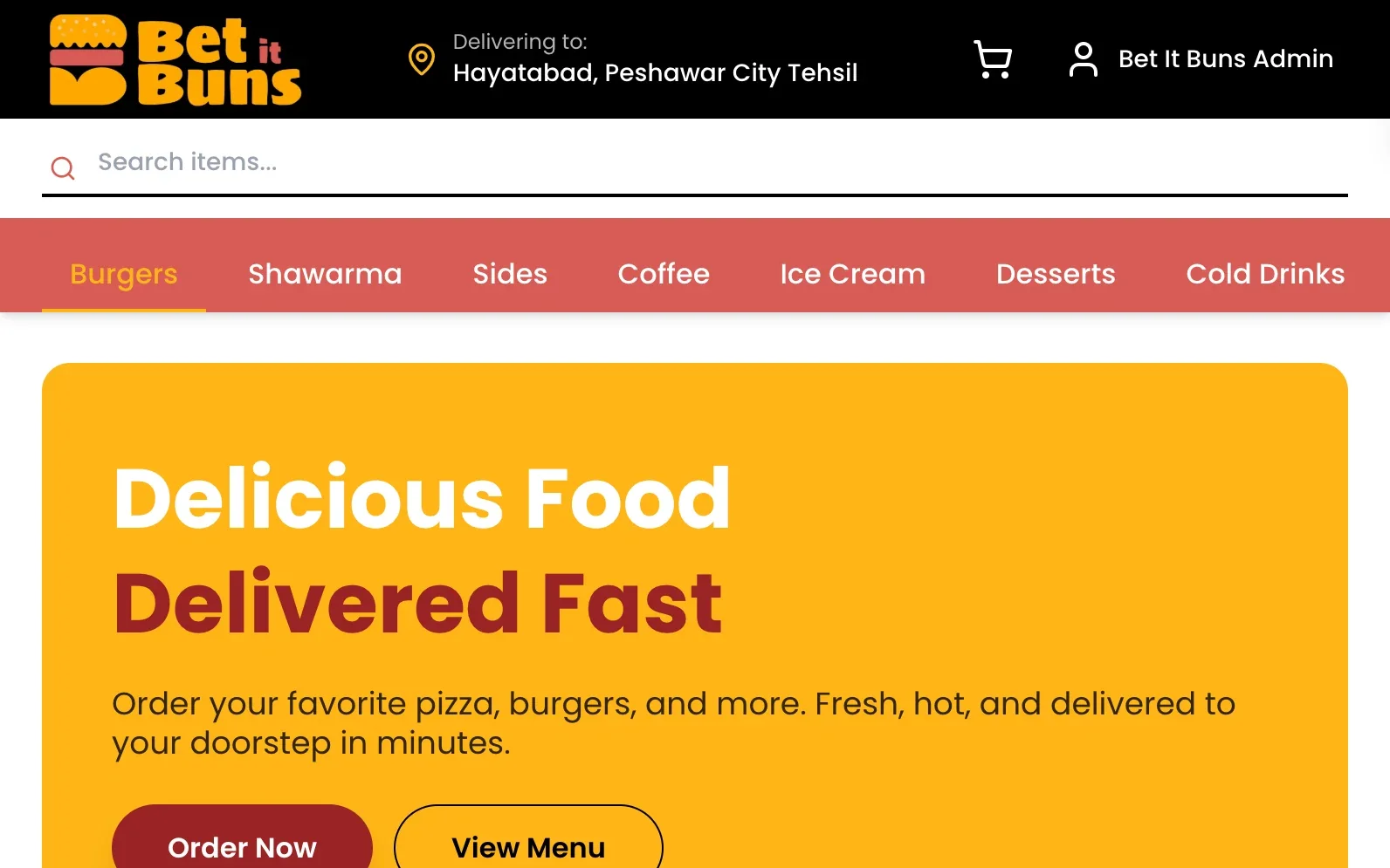 Bet It Buns website home: delicious food delivered fast