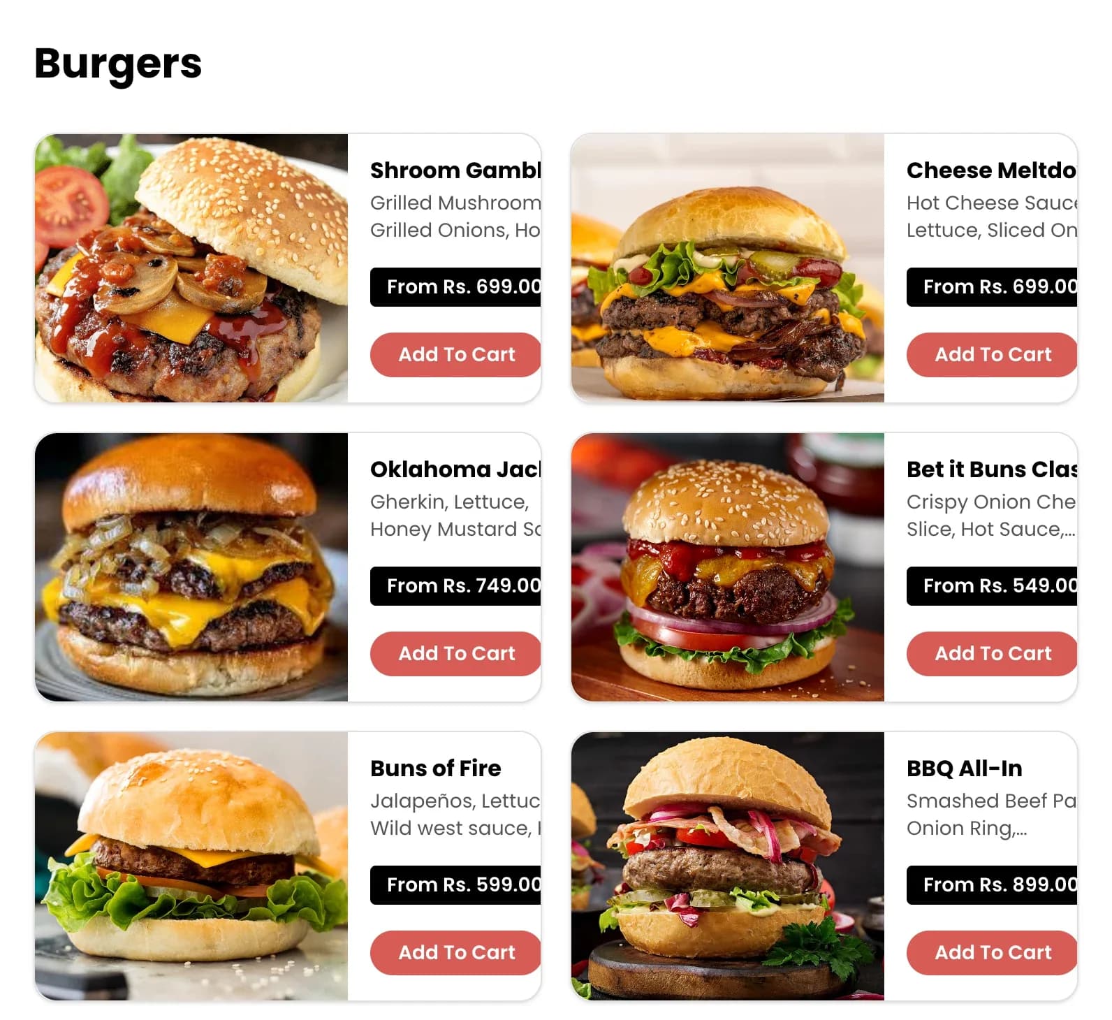 Bet It Buns burger menu with prices and add to cart