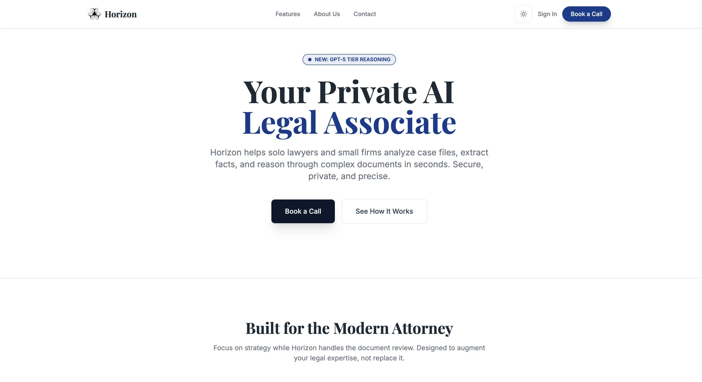 Horizon home page: your private AI legal associate