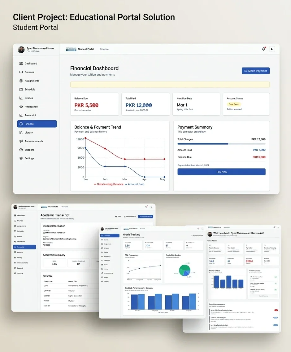IMSciences student portal screens: finance, transcript, grades and dashboard