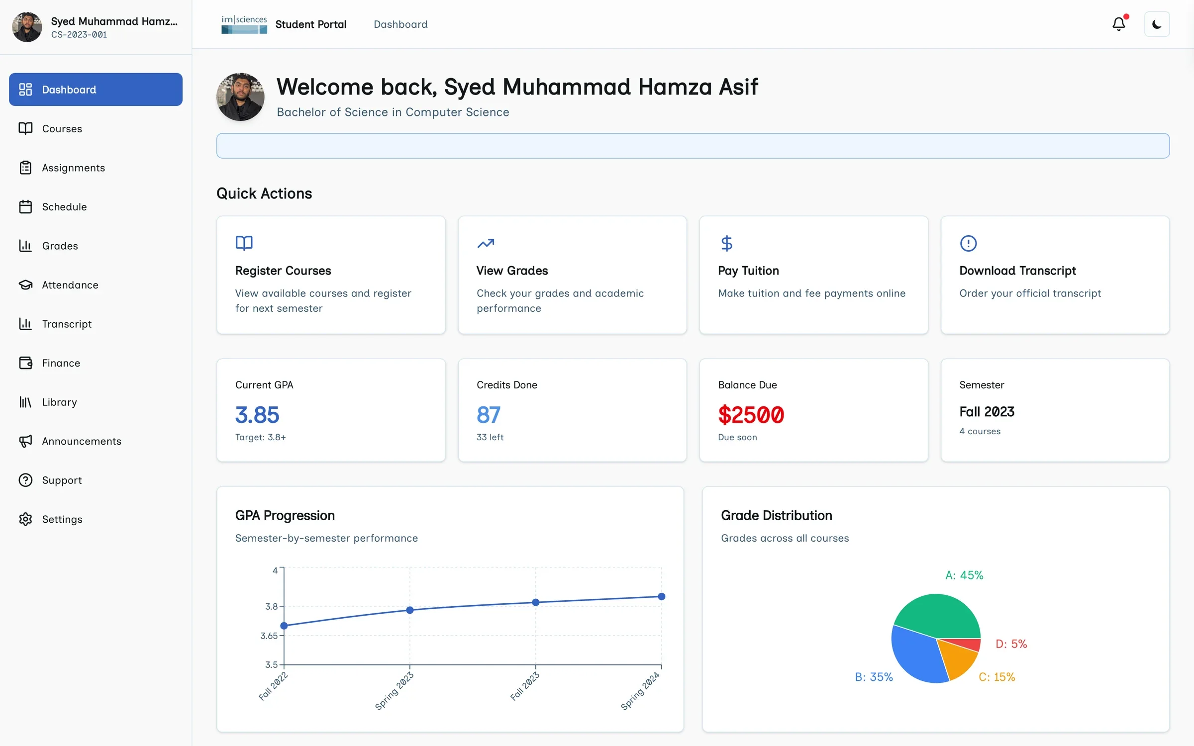 IMSciences student portal dashboard with quick actions, GPA, credits and balance due