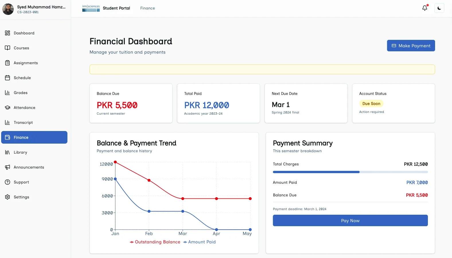 IMSciences student portal financial dashboard with balance and payment trend