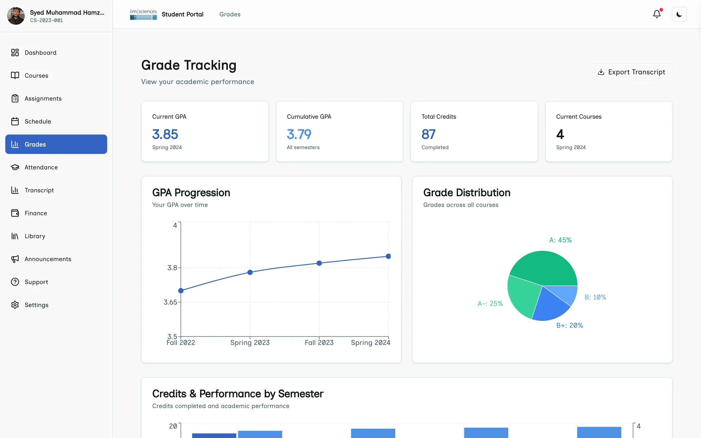 IMSciences student portal grade tracking with GPA progression and grade distribution