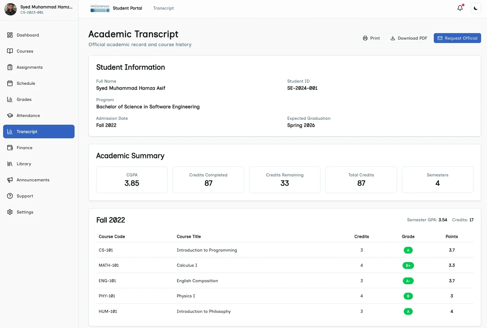 IMSciences student portal academic transcript