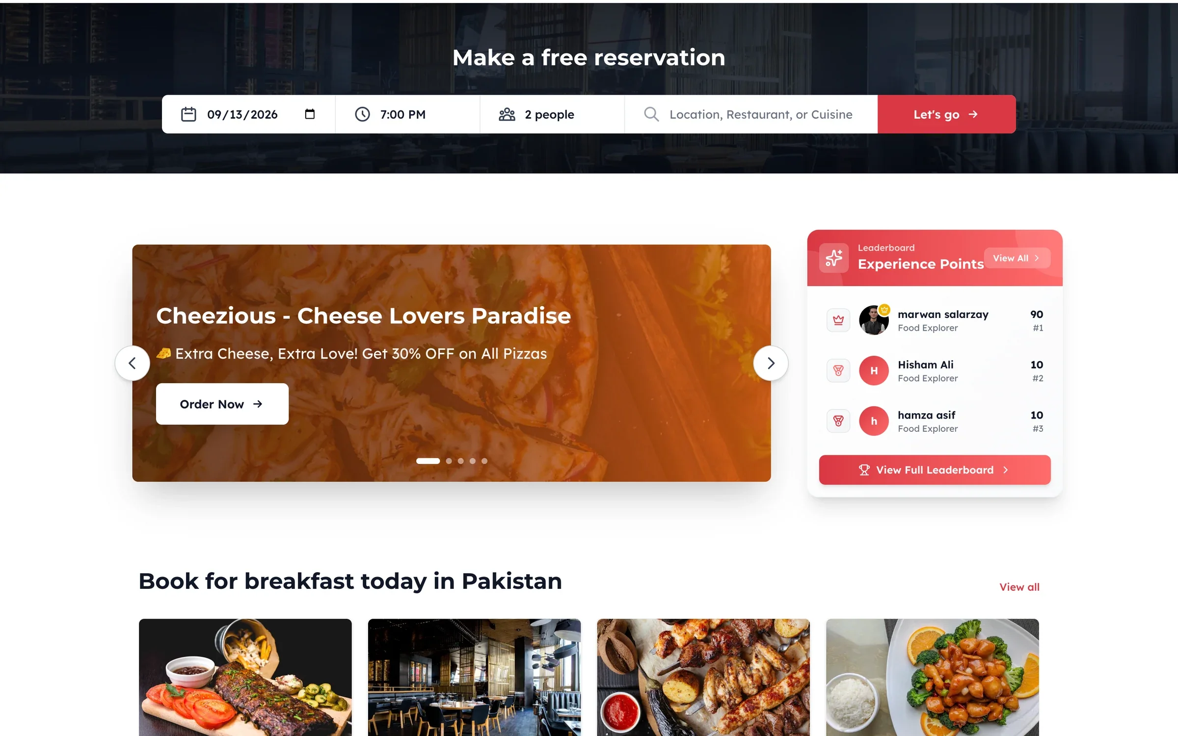 OpenDine home with table reservation search, offers and diner leaderboard