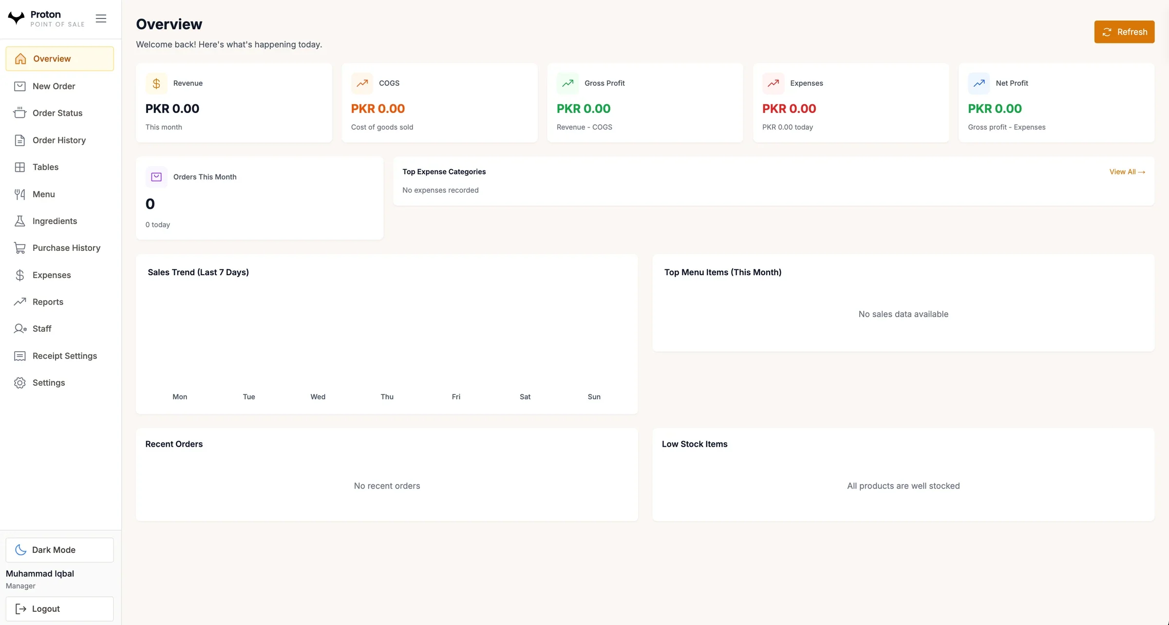 Proton restaurant POS overview with revenue, cost of goods, gross and net profit