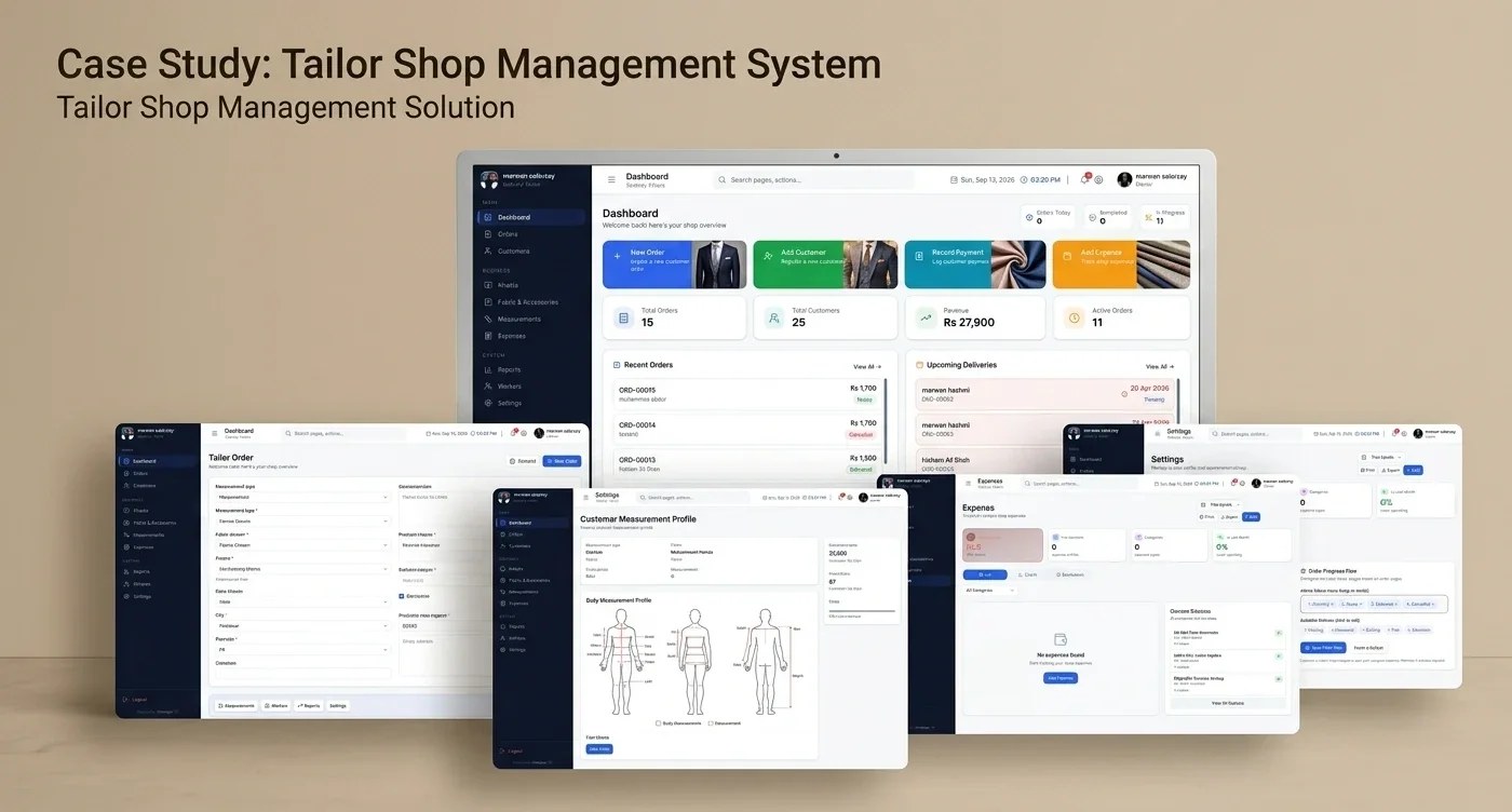 Stitchflow tailor shop management screens: dashboard, orders, measurements and settings