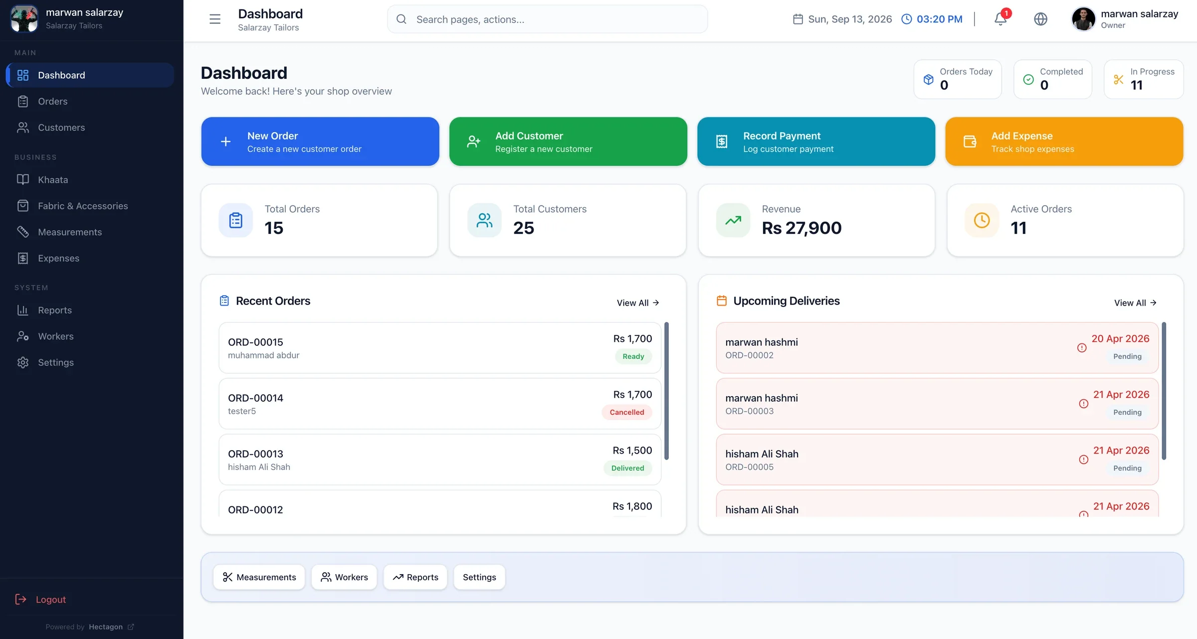 Stitchflow dashboard with quick actions, orders, revenue and upcoming deliveries