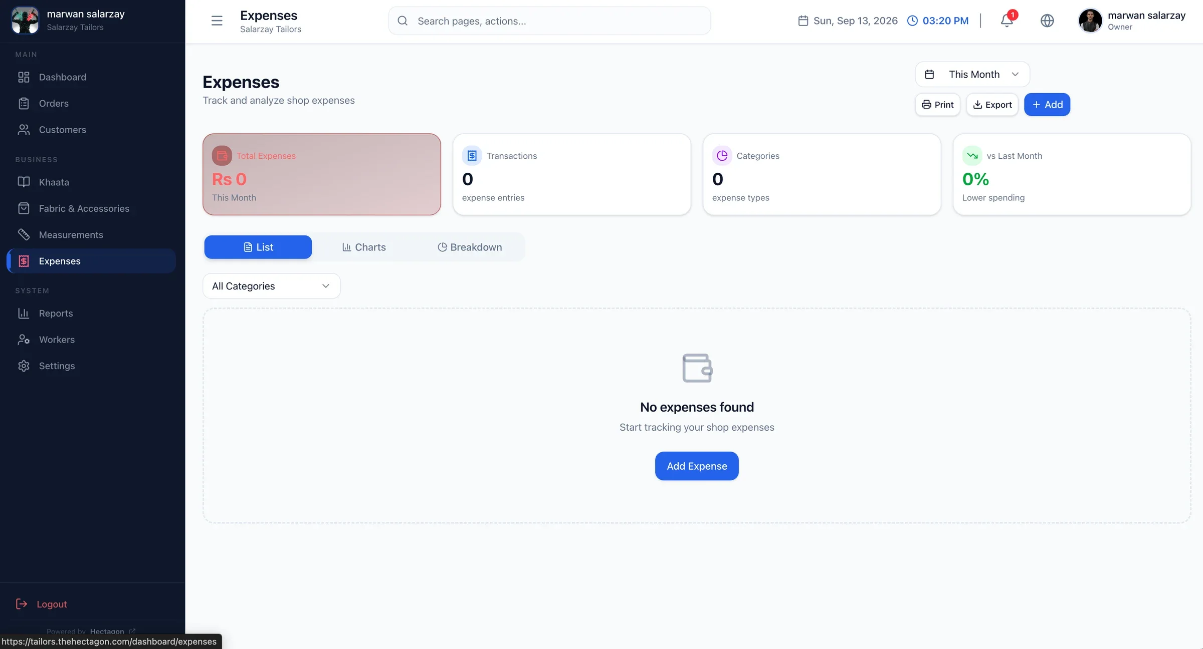 Stitchflow expense tracking for a tailor shop