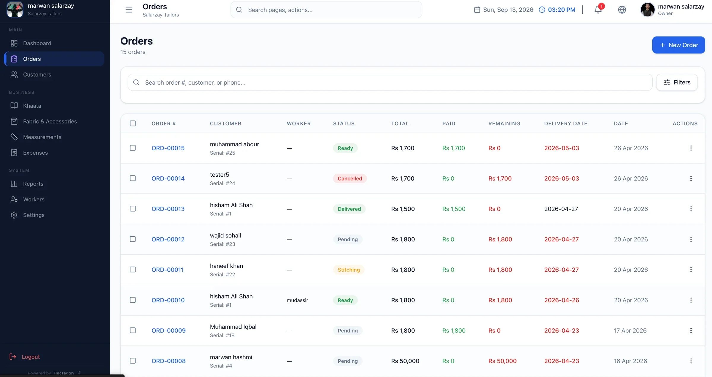 Stitchflow orders with worker, status, amount paid, balance and delivery date