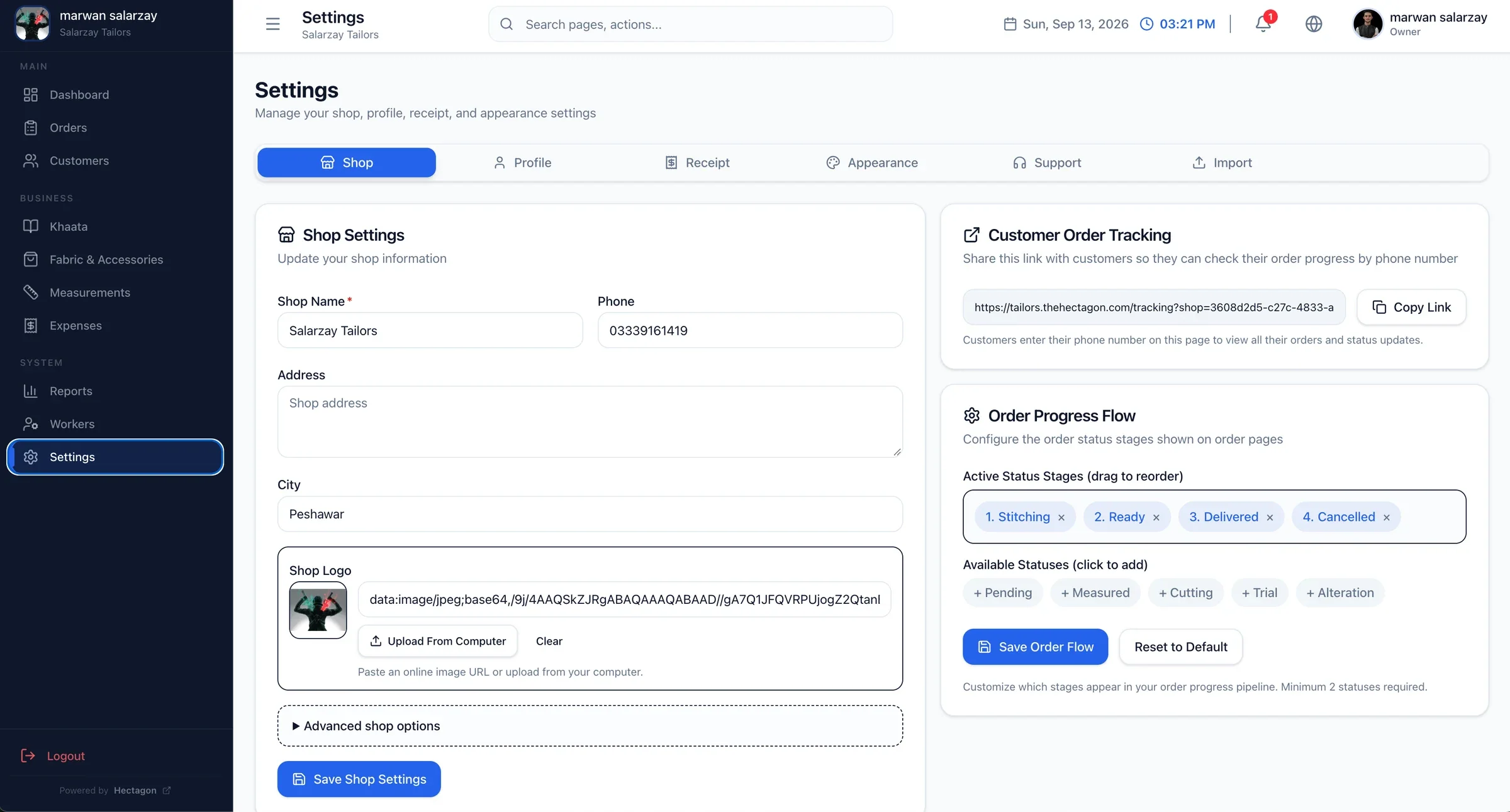 Stitchflow settings with customer order tracking link and custom order stages