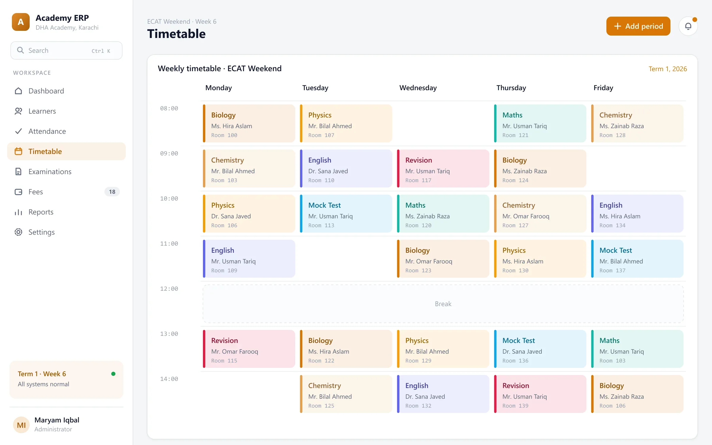 Academy ERP weekly timetable with subjects, teachers and rooms