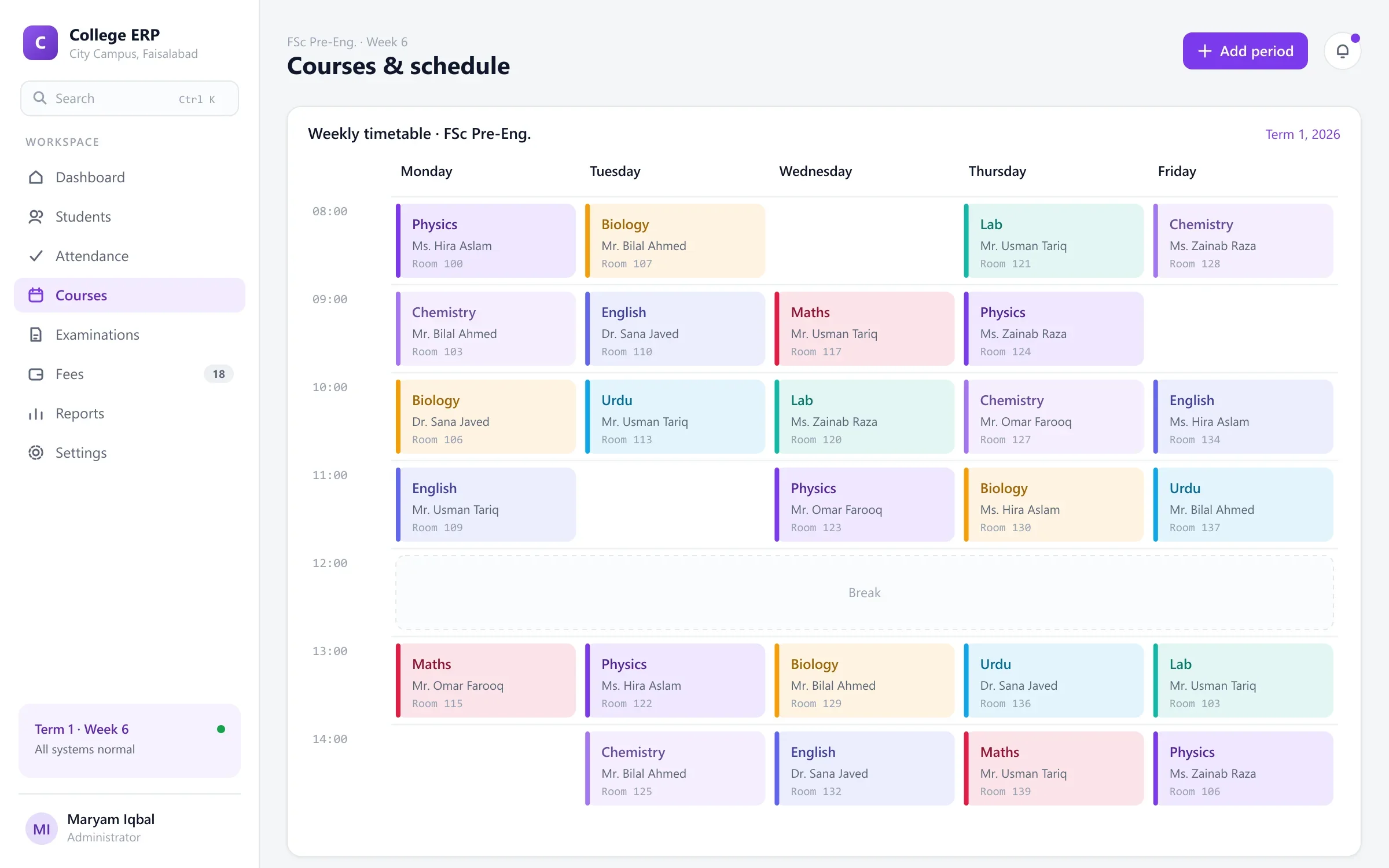 College ERP weekly timetable with subjects, teachers and rooms
