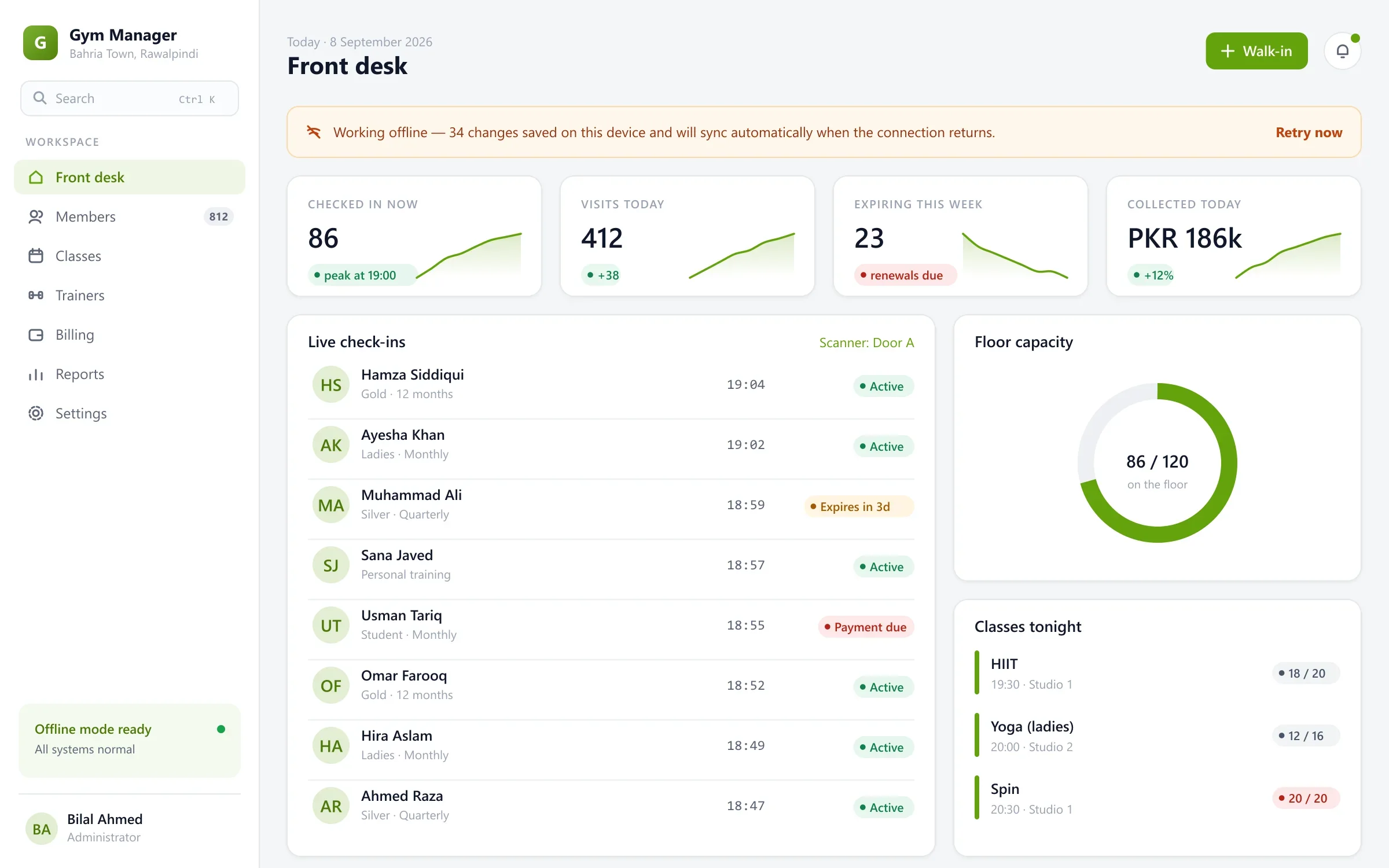 Gym management front desk with an offline sync banner, live check-ins and floor capacity