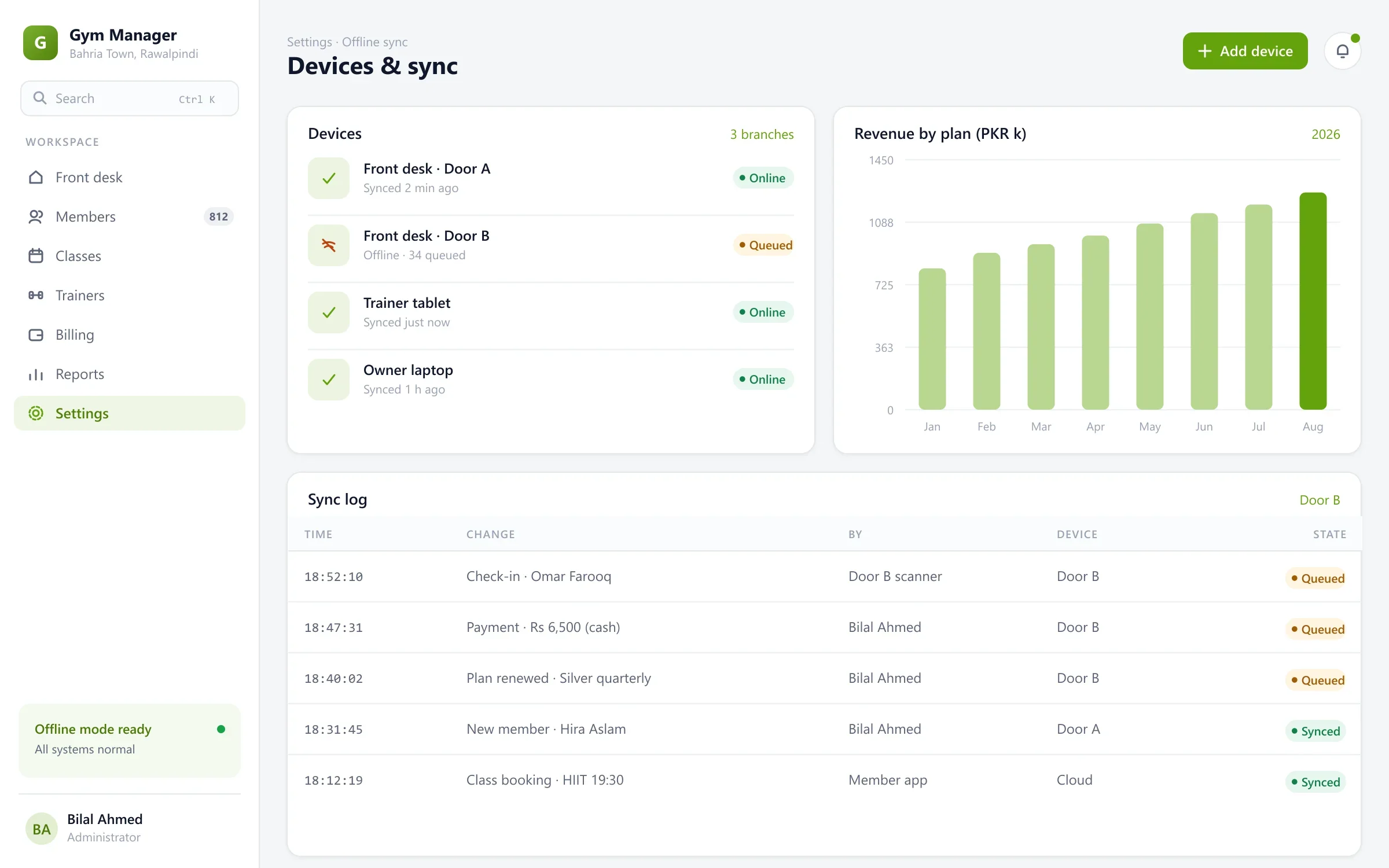 Gym management devices and sync log showing changes queued offline