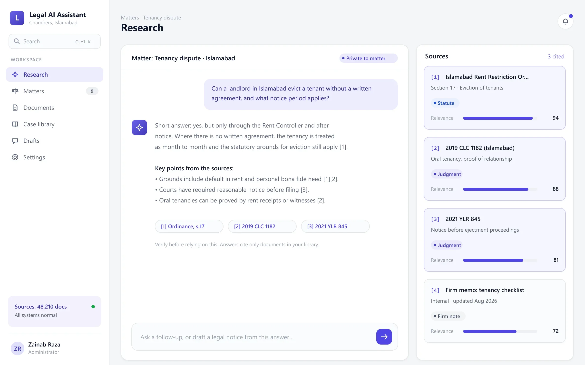 Legal AI research answer with numbered citations and a ranked sources panel