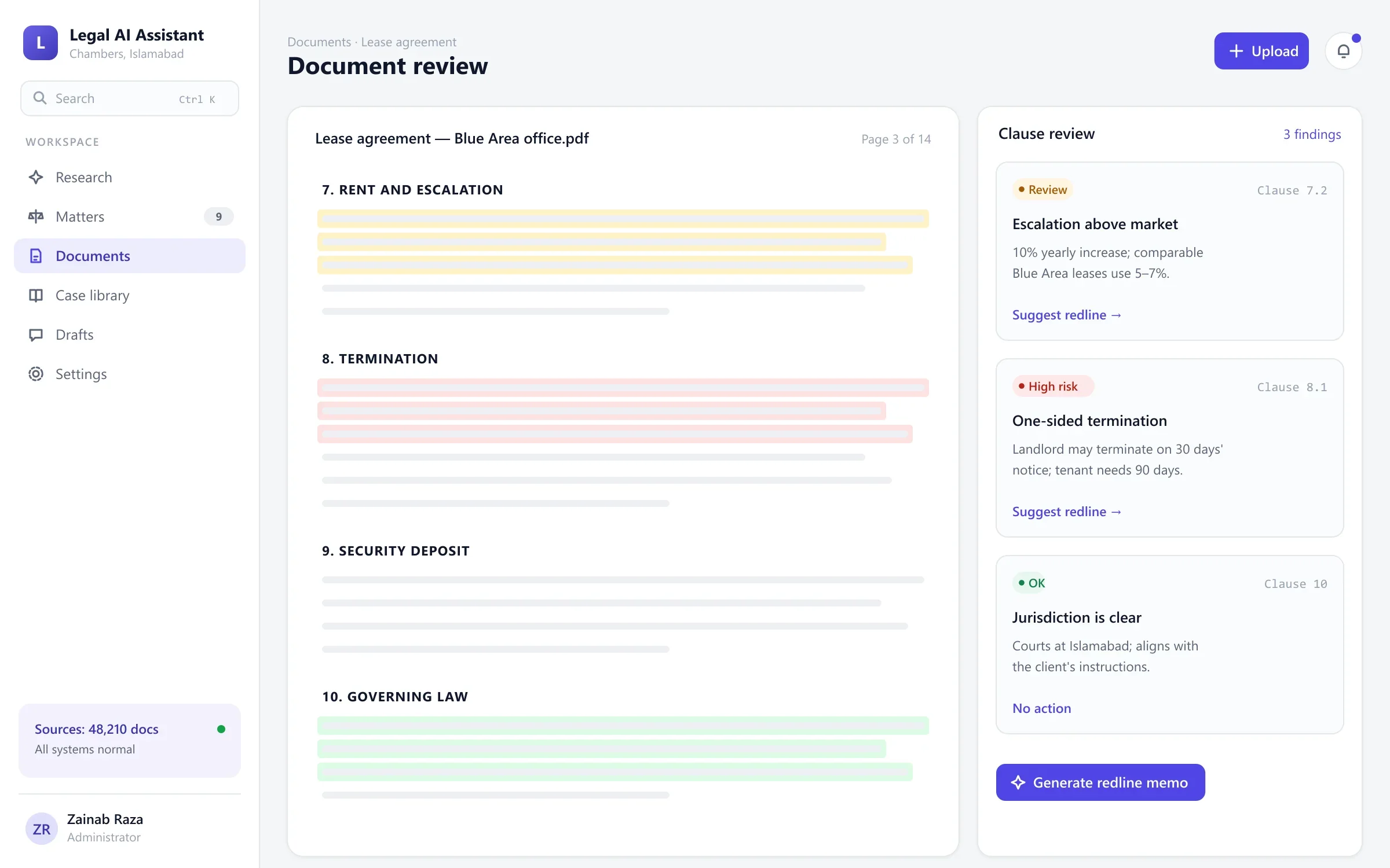 Legal AI document review highlighting risky lease clauses with suggested actions