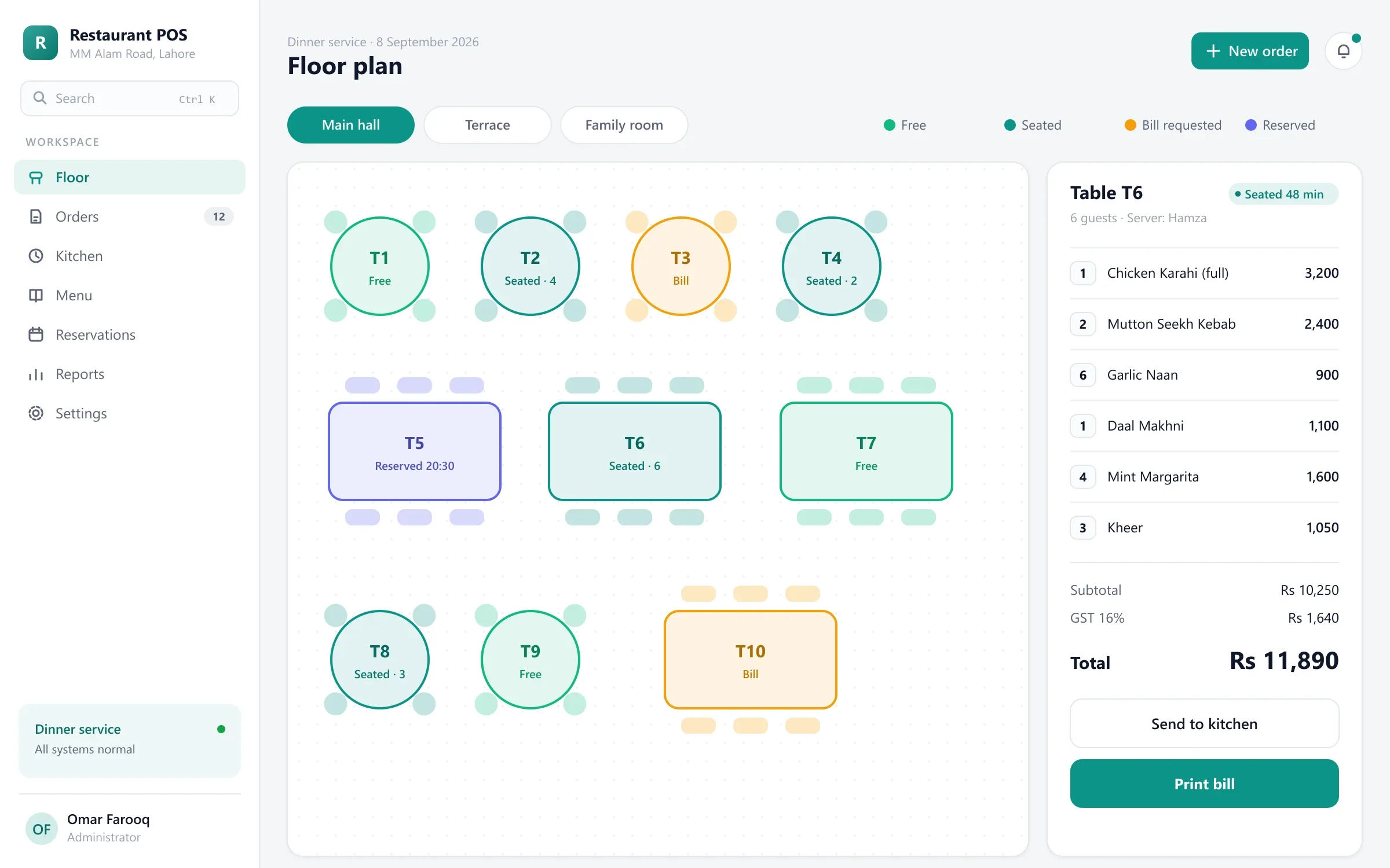 Restaurant POS floor plan with table status and an open order for table six