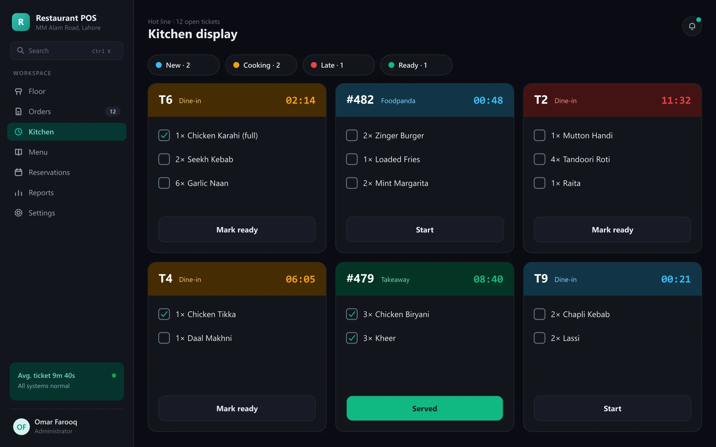 Restaurant POS kitchen display with timed tickets from dine-in, takeaway and delivery