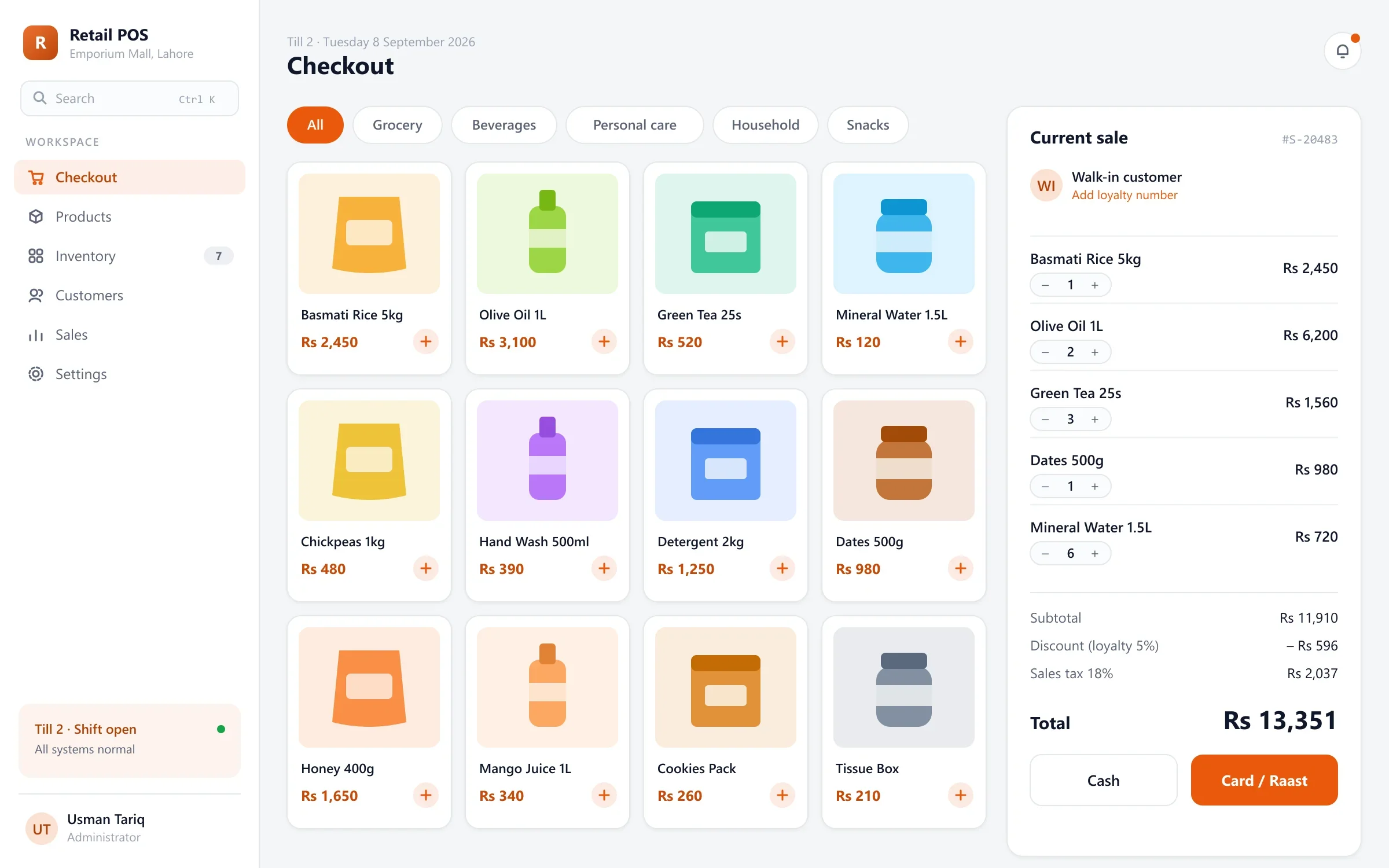 Retail POS checkout with product grid, cart, tax and payment options in rupees