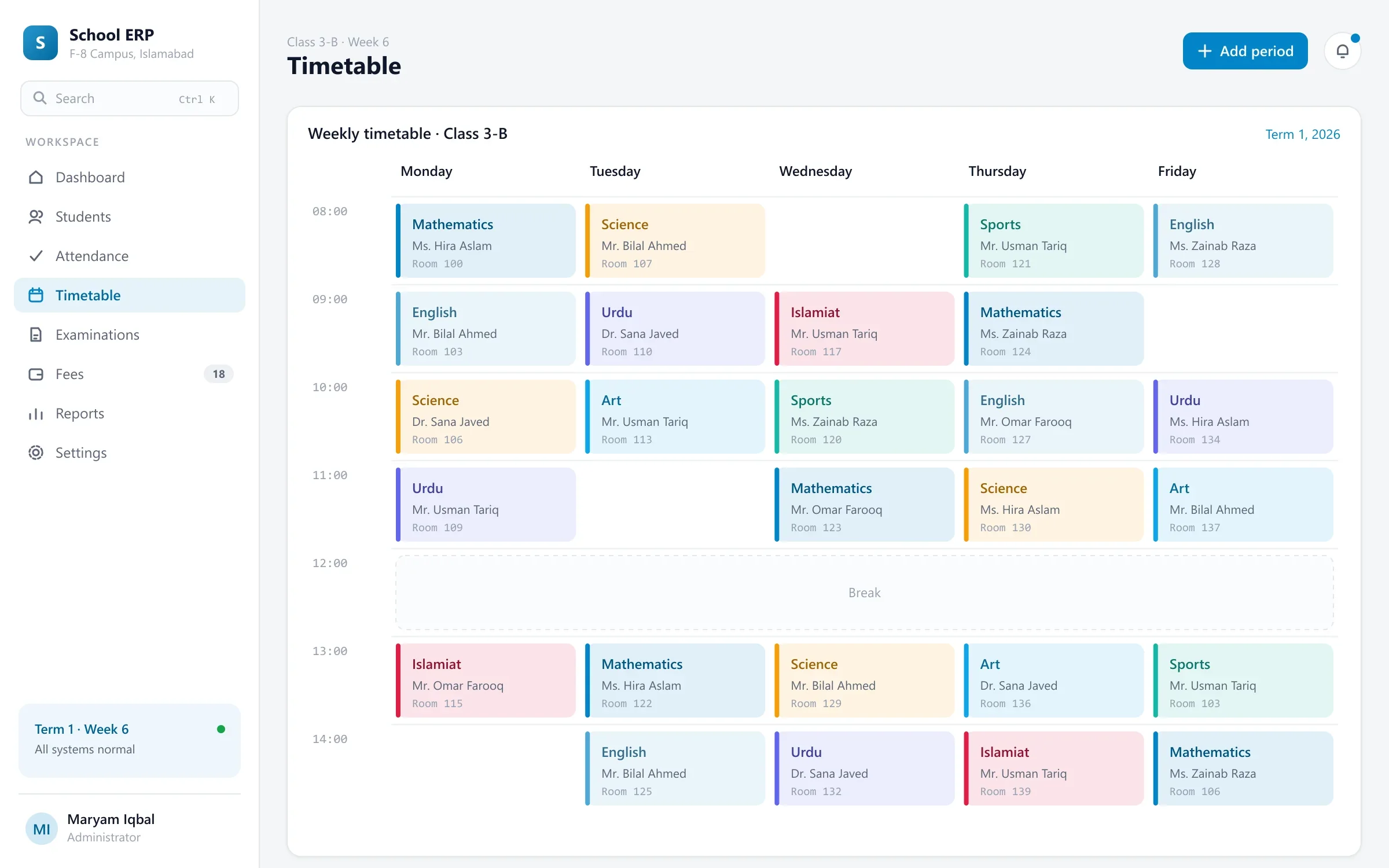 School ERP weekly timetable with subjects, teachers and rooms