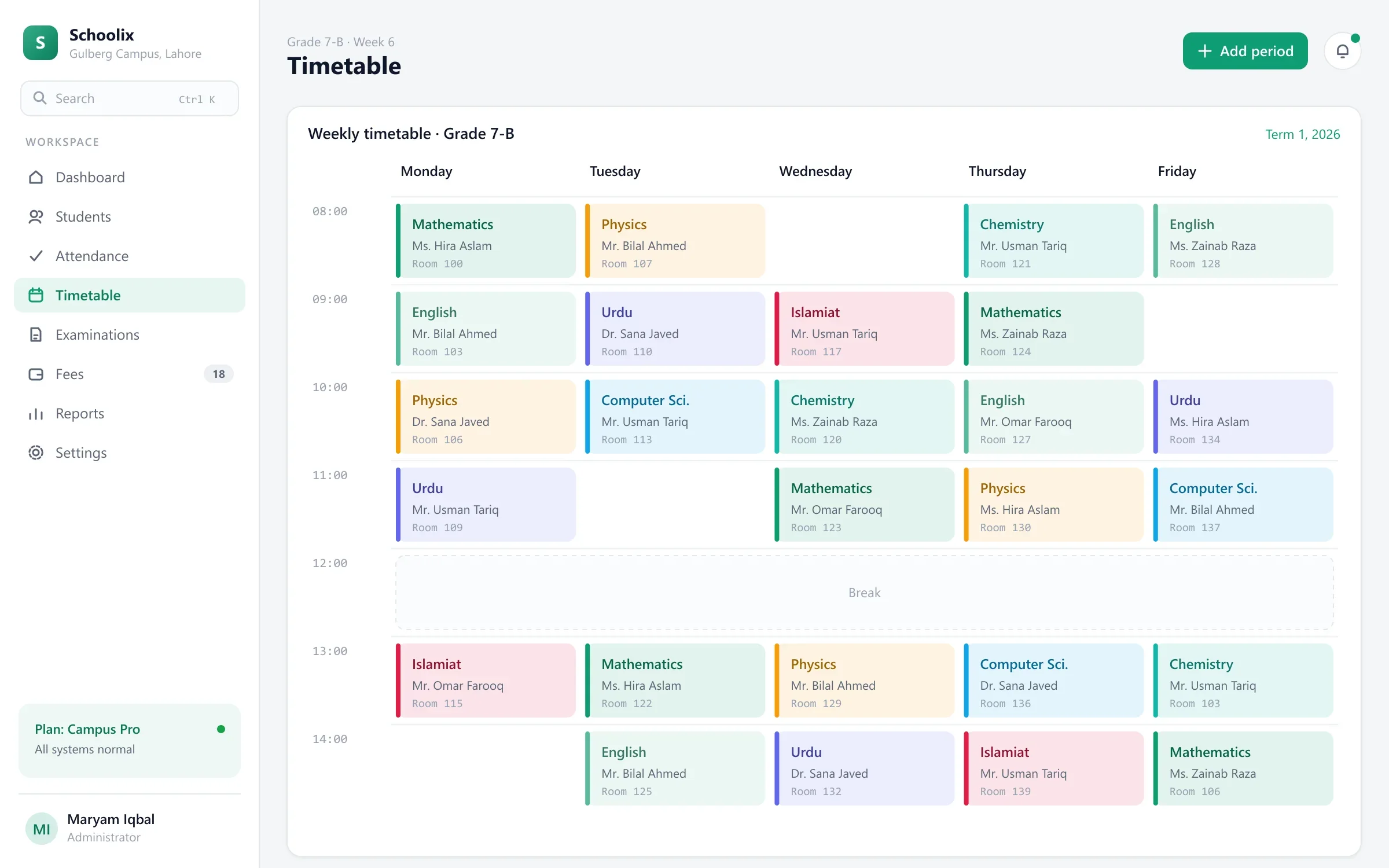 Schoolix weekly timetable with subjects, teachers and rooms