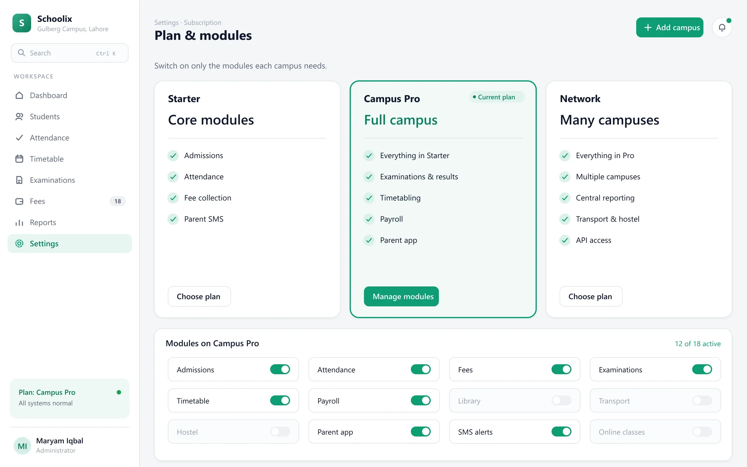 Schoolix plans and modules screen for switching features per campus