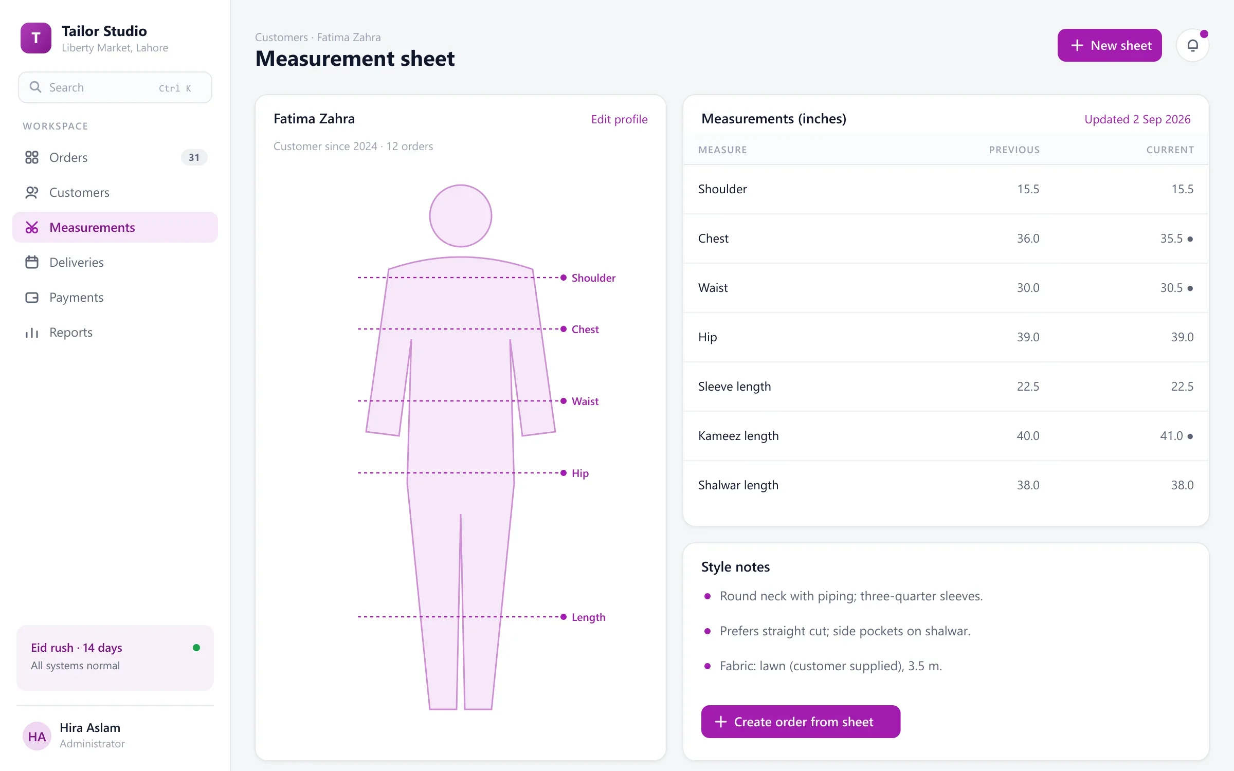 Tailor management measurement sheet with a body diagram, measurements and style notes