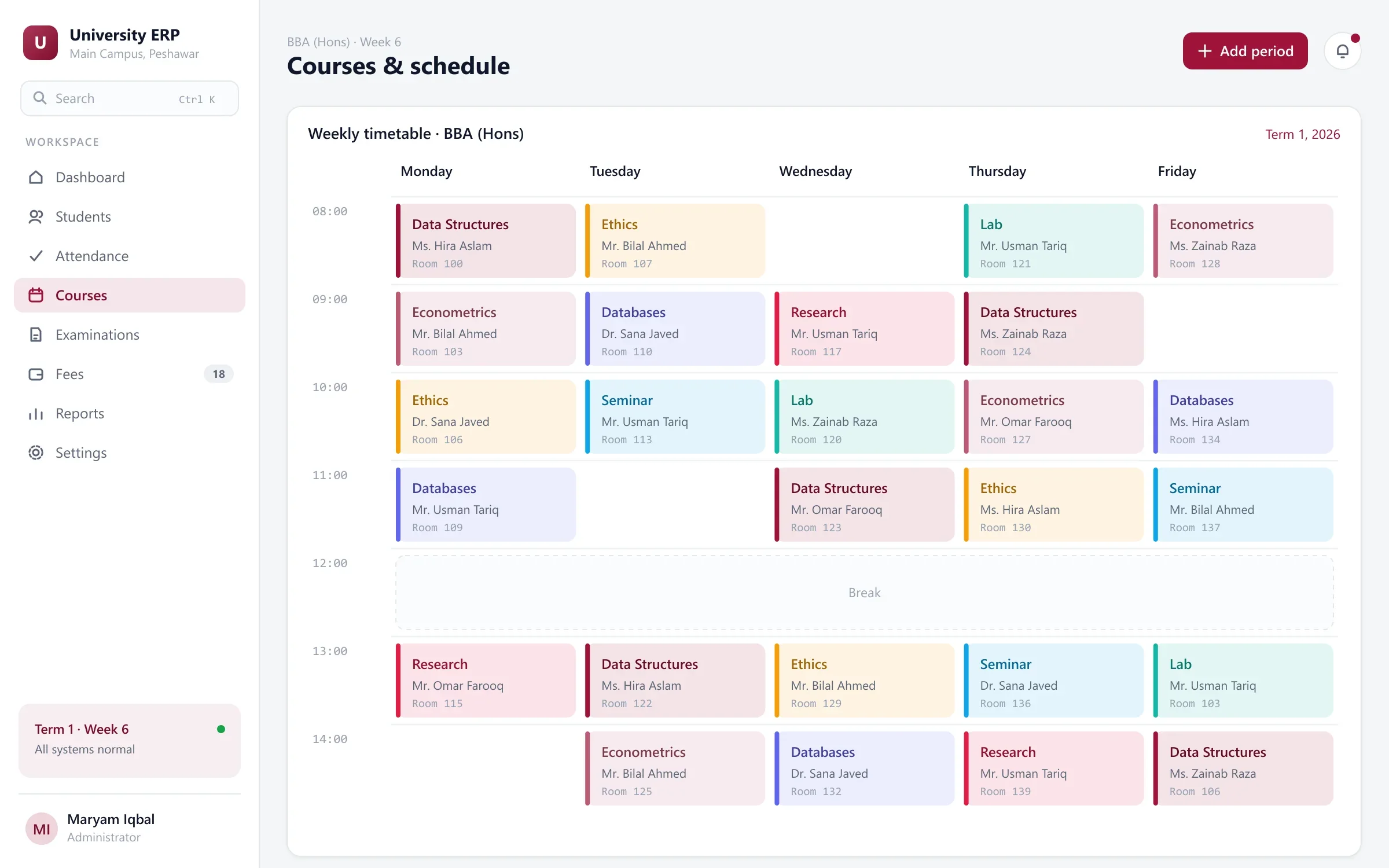 University ERP weekly timetable with subjects, teachers and rooms