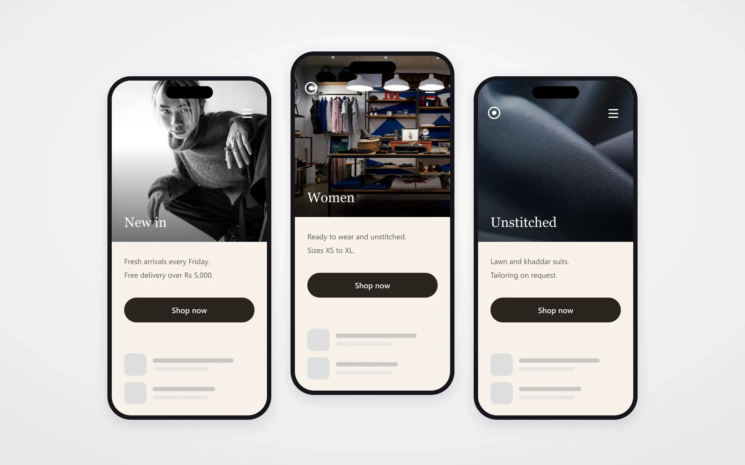 Three mobile pages of the website design