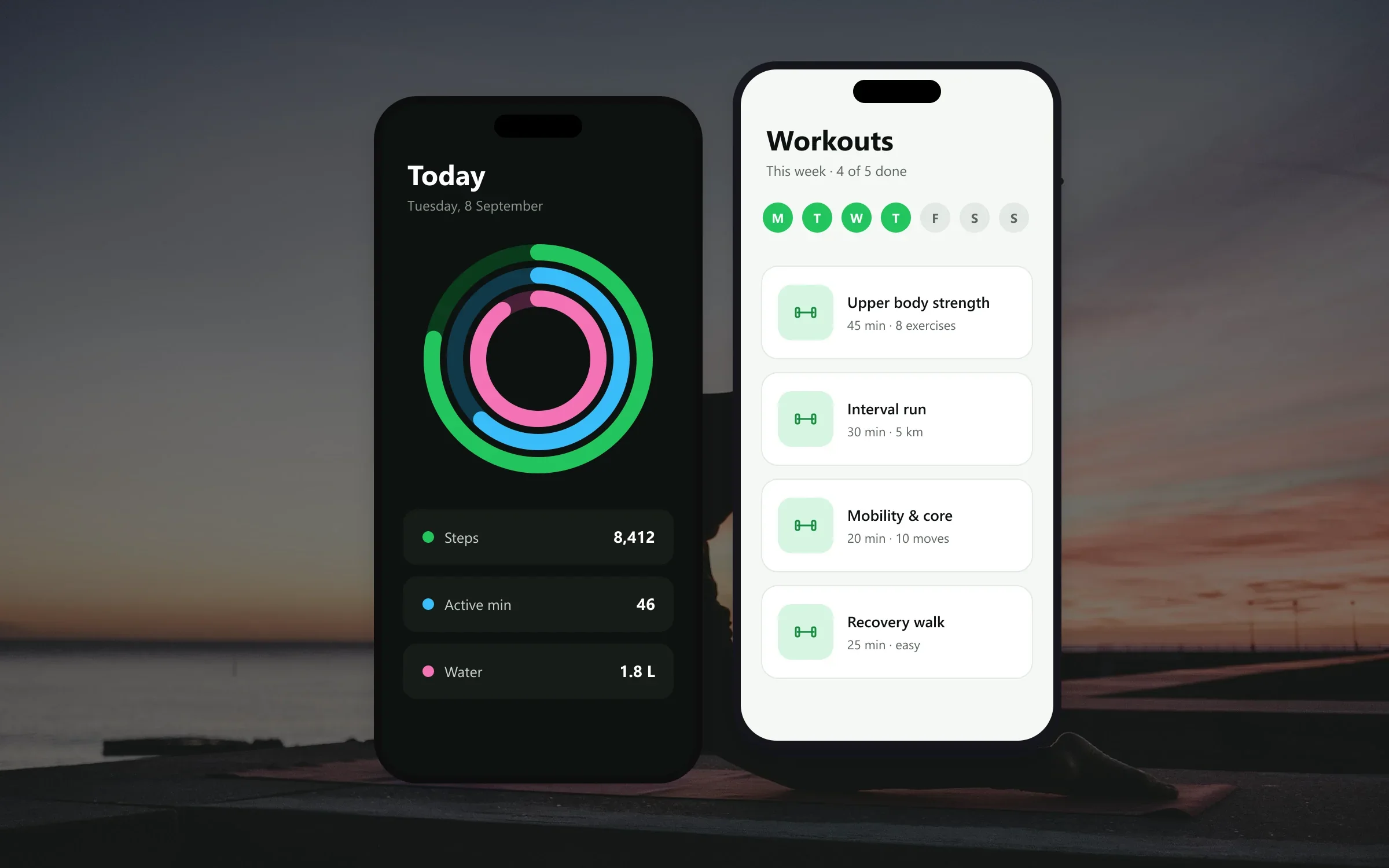 FitTracker concept screens over a morning workout photo