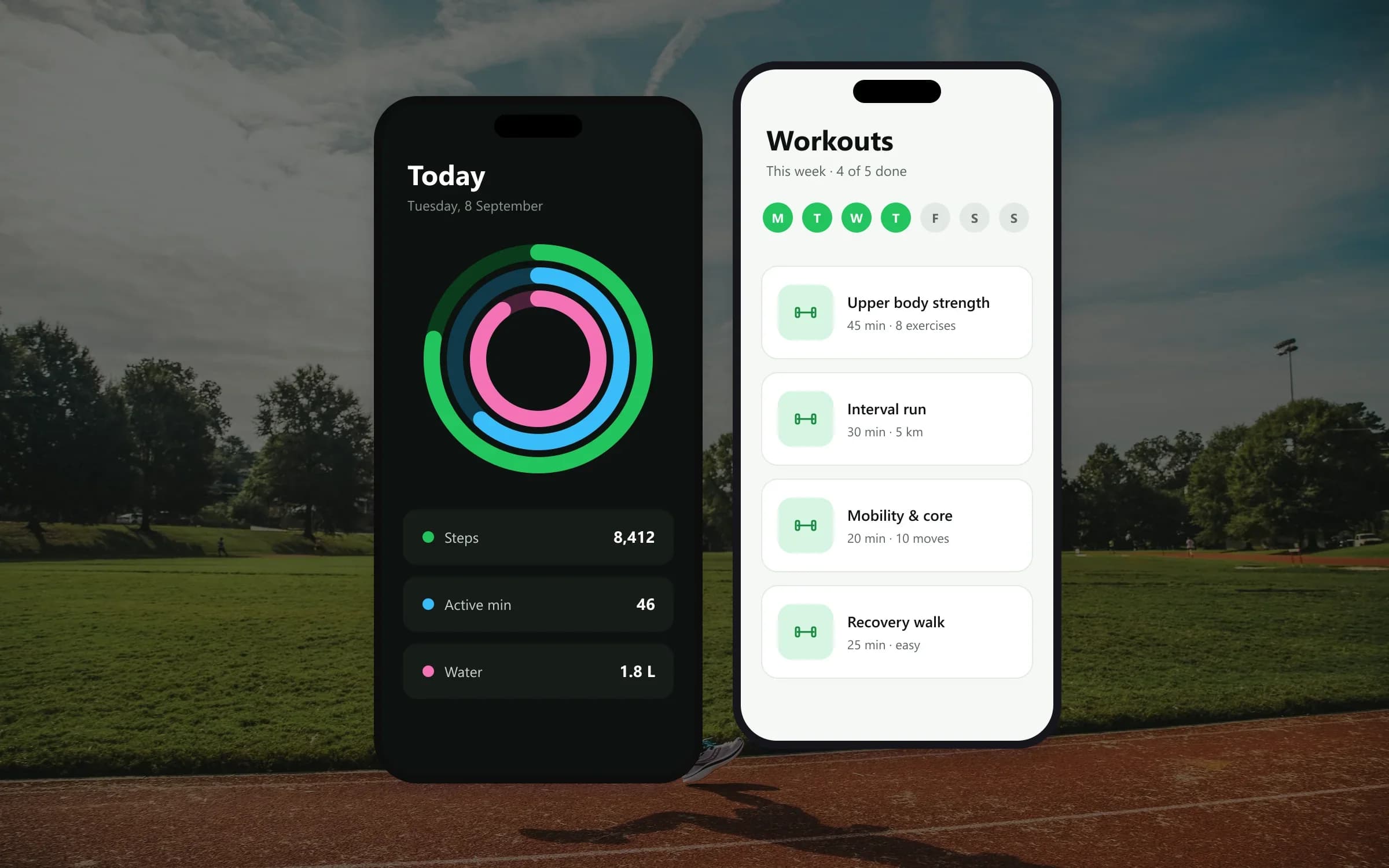 FitTracker concept: daily activity rings and a weekly workout plan on two phones