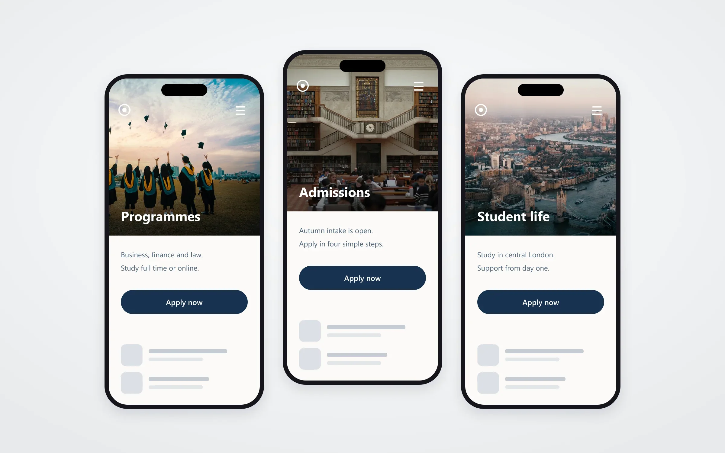 Three mobile pages of the LAPS International design