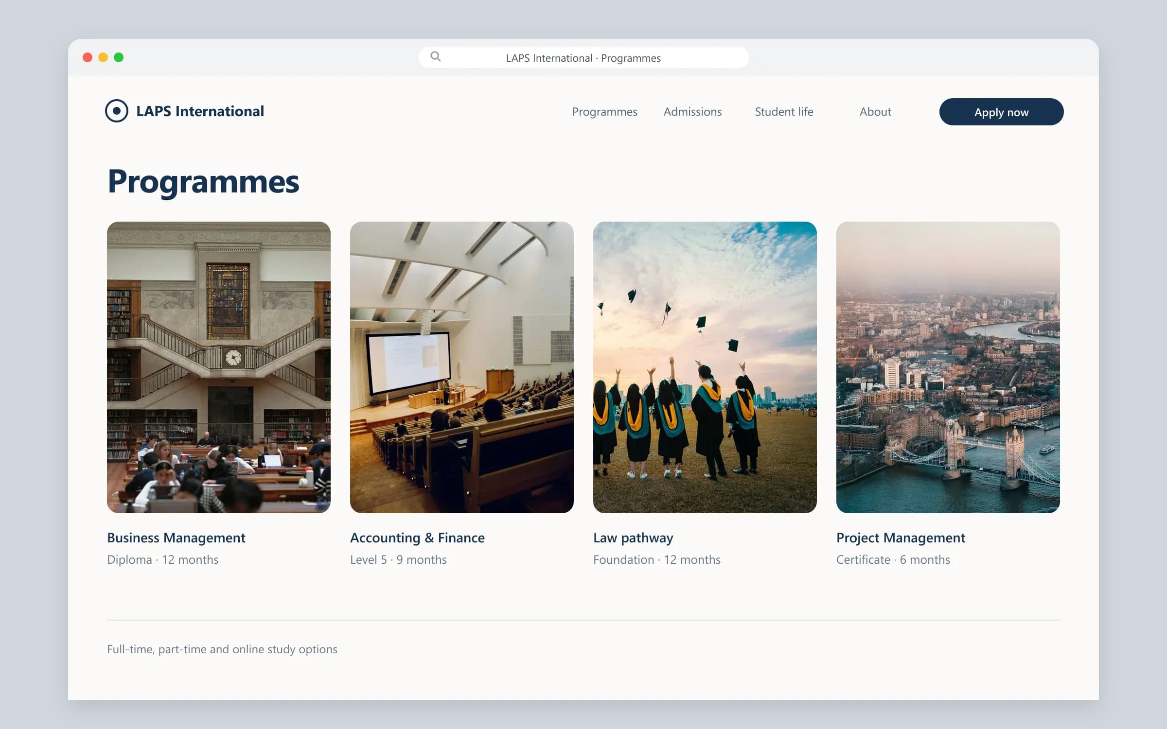 Programmes page of the LAPS International design