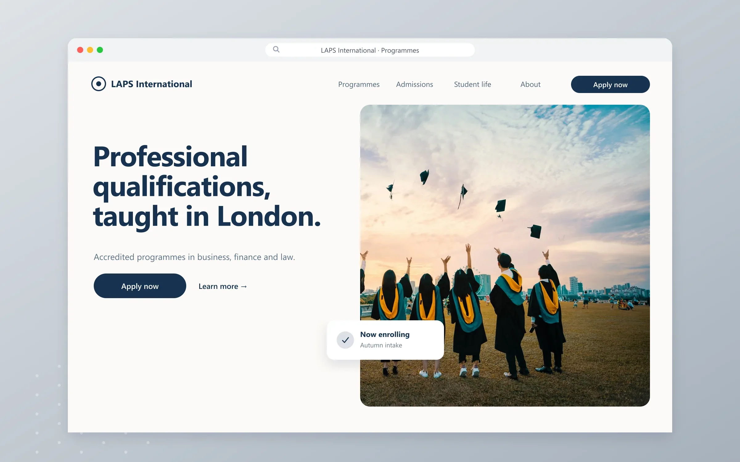 LAPS International homepage design shown in a browser window