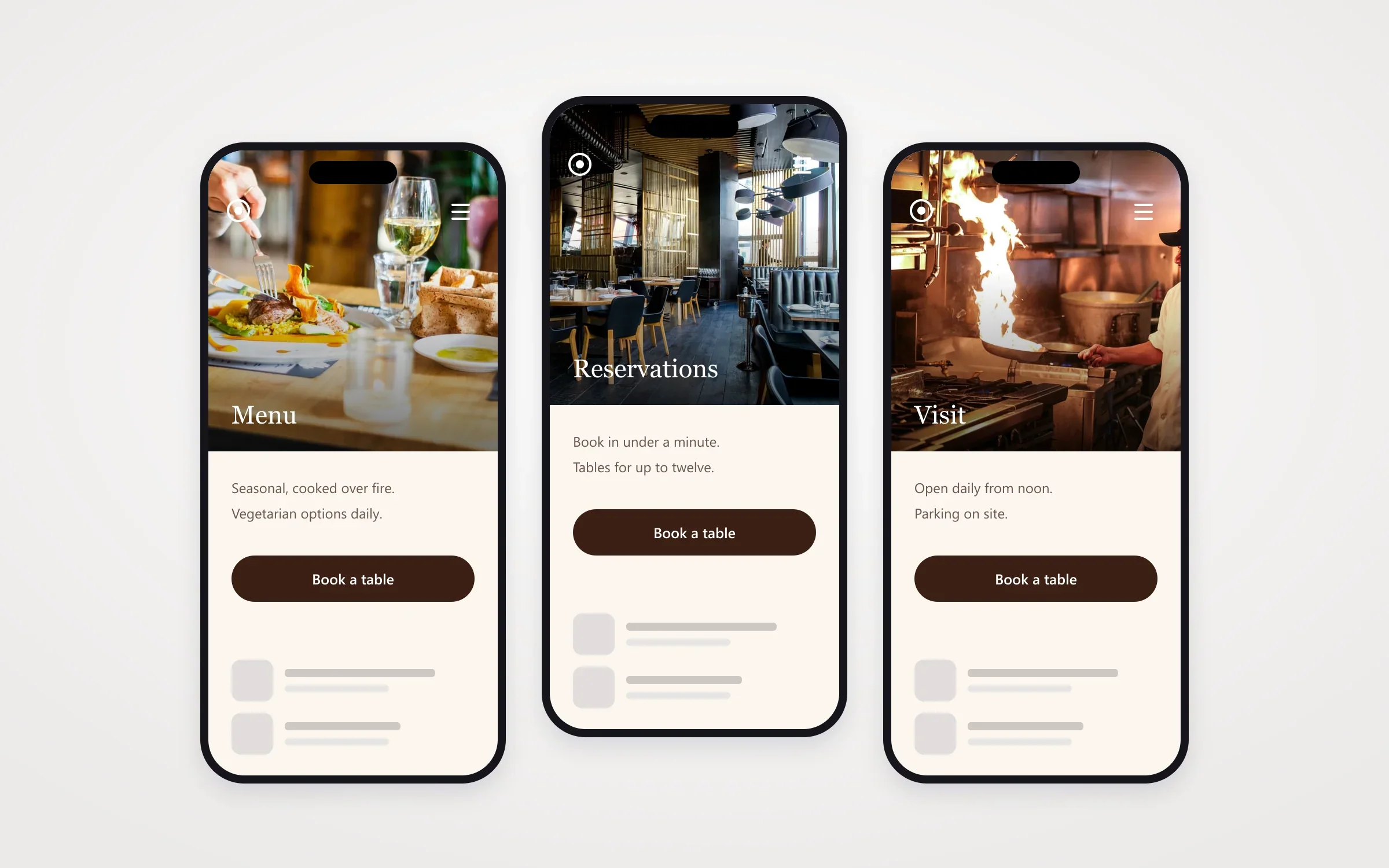 Three mobile pages of the website design