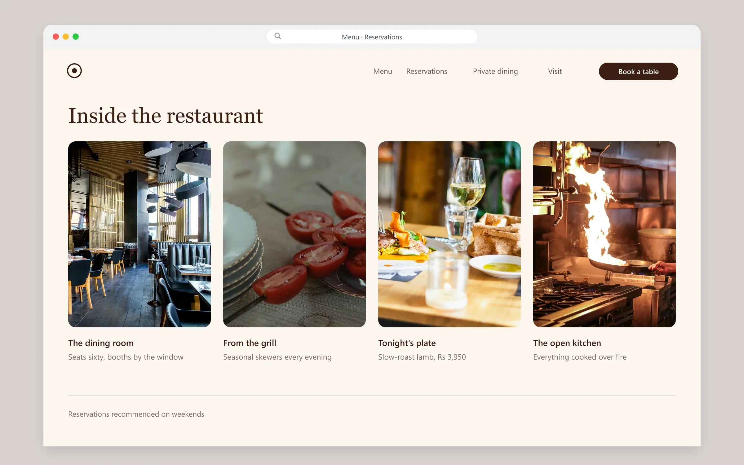Inside the restaurant page of the website design