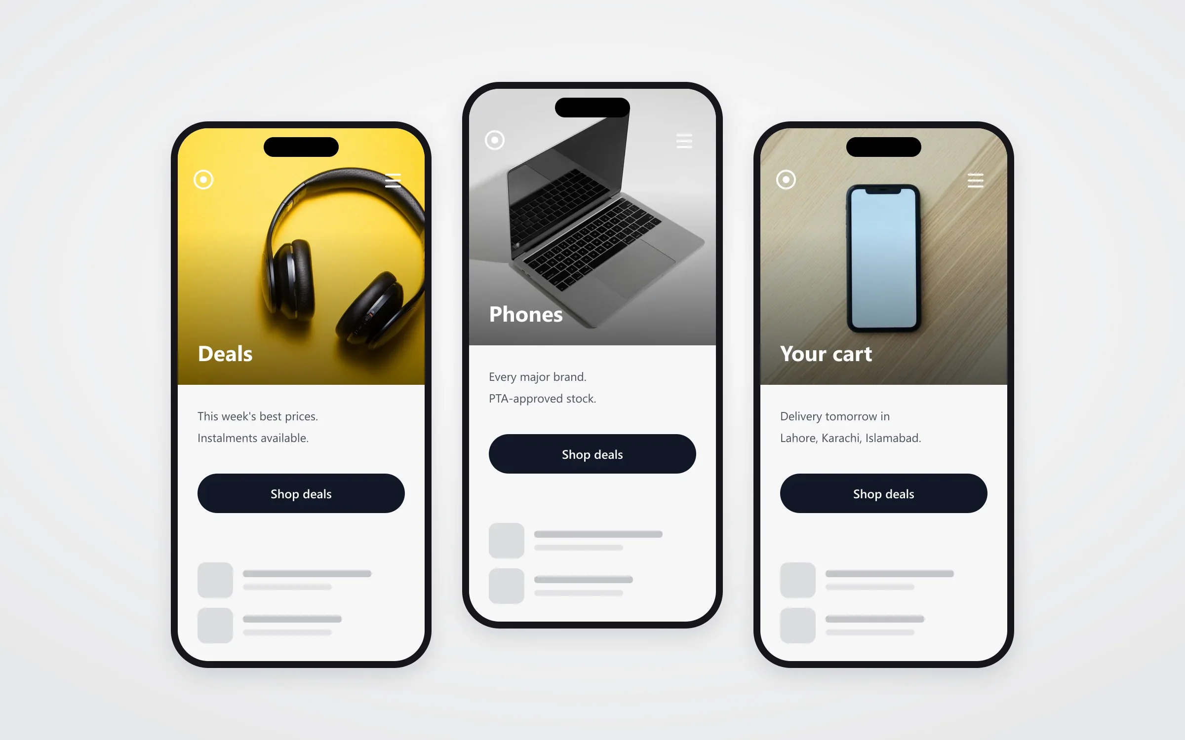 Three mobile pages of the TechMart design